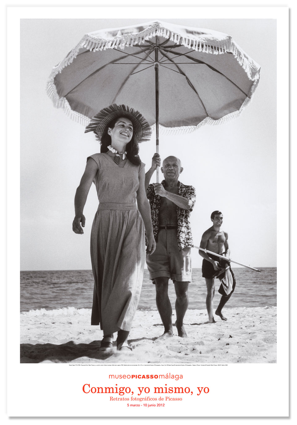 Poster. Françoise Gilot, Pablo Picasso and his nephew Javier Vilató at the beach by Robert Capa