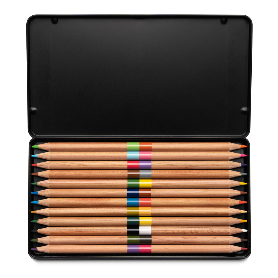 Box of coloured pencils. Picasso design